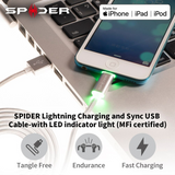 SPIDER Lightning Charging and Sync USB Cable-with LED indicator light (MFi certified), Item#E-USBLED-BK1M
